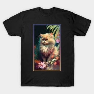 Persian Cat Vibrant Tropical Flower Tall Digital Oil Painting Portrait T-Shirt